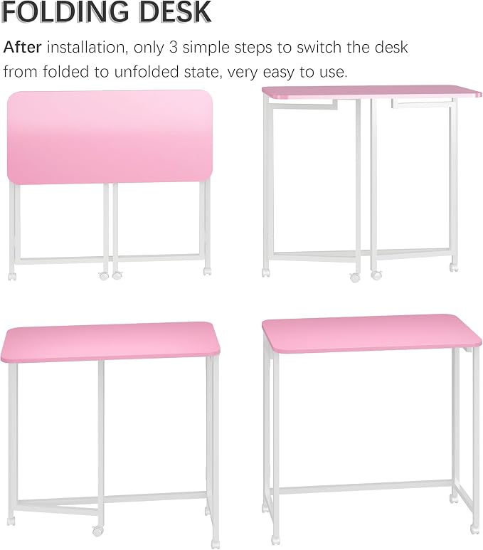 4NM 31.5" Mobile Small Rolling Computer Desk, Folding Laptop Cart Table with Wheels, Portable Office Desk for Small Space Couch Bed - Pink and White - Image 6