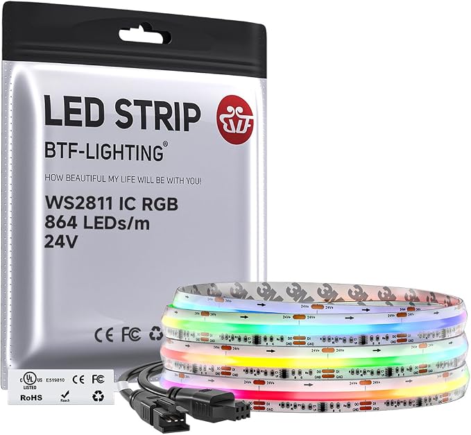 BTF-LIGHTING IP66 RGB WS2811 Smart IC FCOB COB LED Strip, UL Listed 864LEDs/m High Density Color Chasing Uniform Light, DC24V 9.8FT 12mm Width Tape Light for Home DIY Decor(No Adapter or Controller) by BTF-LIGHTING