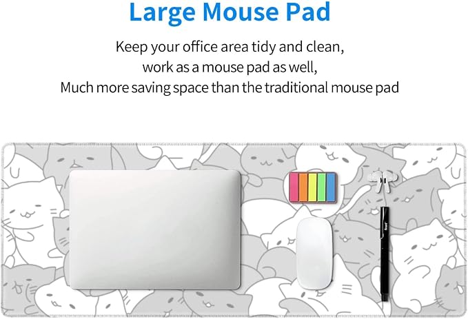 White Kawaii Cats E-Sport Mouse Pad Large Desk Mat Non-Slip Rubber Base Stitched Edge Keyboard Mouse Pad for Office Home E-Sport Computer Laptop, 31.5×11.8 Inches - Image 5