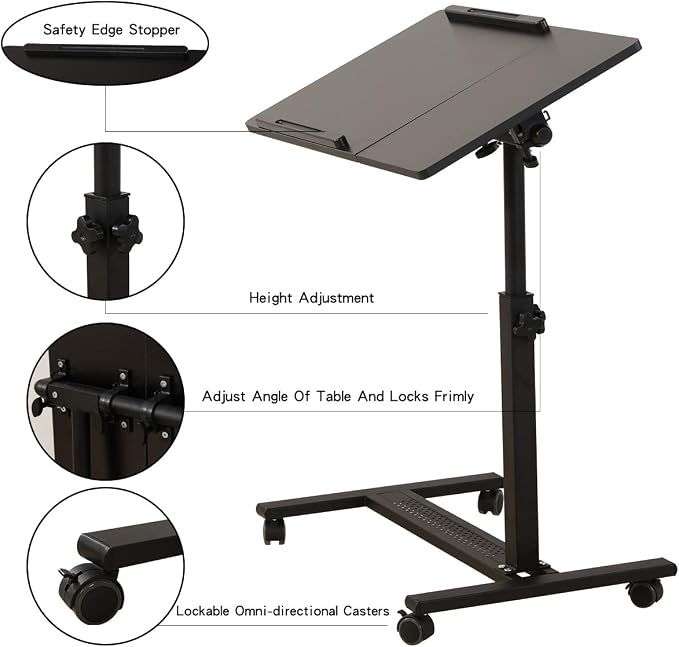 TigerDad Over Bed Table with Wheels Adjustable | Rolling Laptop Table Overbed Desk Hospital Tray Table Sofa Chair Side Table (Black) - Image 5
