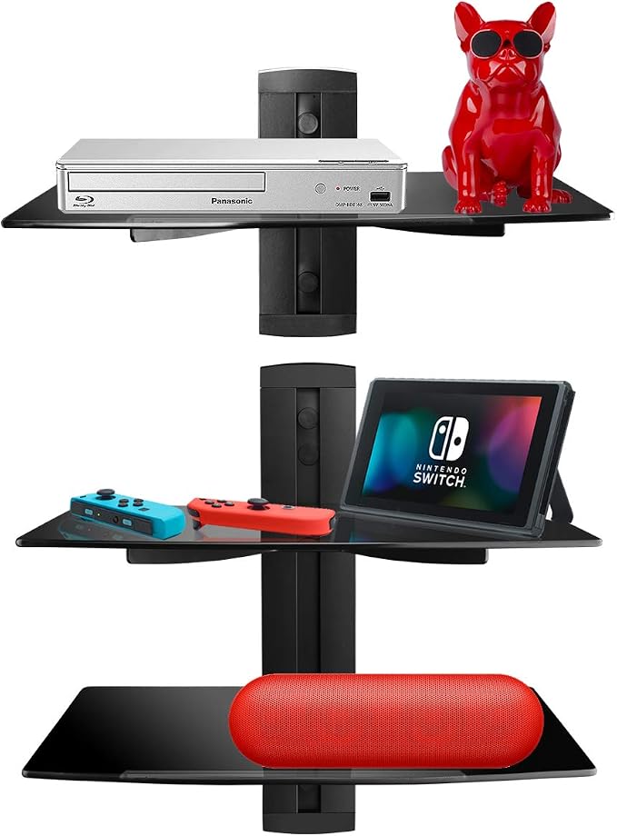 suptek 3 Floating Shelf Wall Bracket with Strengthened Tempered Glass for DVD Players/Cable Boxes/Games Consoles/TV Accessories, 3 Shelves, Black, CS303 - Image 4