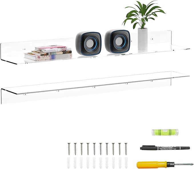 Sezanrpt 36 Inches Acrylic Wall Shelves 2 Pack, Floating Shelf for Wall Mounting, Acrylic Display Ledges for Funko Pop Figures, Home Décor, Living Room, Gaming Room, Plants(36 inch, Clear) by Sezanrpt