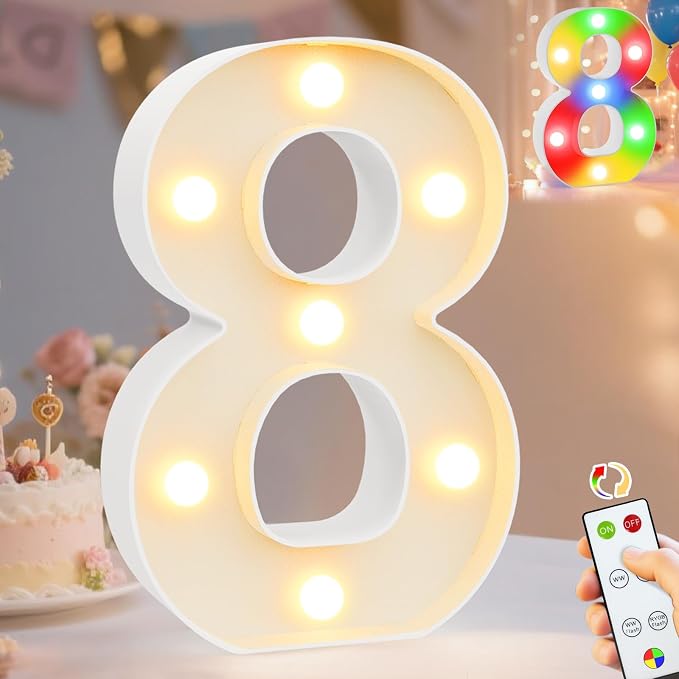 Pooqla LED Light Up Numbers 8, Warm White and Colorful Lighted Marquee Numbers with Remote, Lighted Numbers for 8th 18th Birthday Decorations, Gift for Girls Boys Her Him Anniversary Home Party Decor by Pooqla