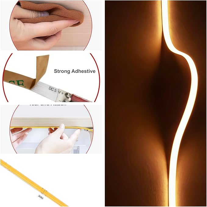 Ultra-Narrow 3mm USB COB LED Strip Lights Self-Adhesive, for Kitchen Cabinets, Bedroom, Gaming Desk (3000k Warm White, 2ft) - Image 3