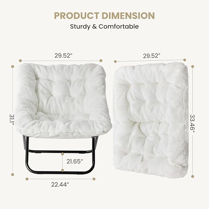 Simple Deluxe Oversized Square Moon Chair for Adults, Soft Faux Fur Folding Lounge Chair with Sturdy Steel Frame, Comfortable Reading Gaming Chair for Living Room, Bedroom, White - Image 3