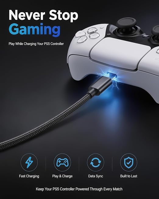 Superer 5 ft USB C Charging Cable Fit for PS5 Controller, PlayStation 5 DualSense, Xbox Series X/S Controllers, Xbox Elite Series 2 (Model 1914 1797), Fast Charger & Data Sync Nylon Braided Power Cord - Image 2