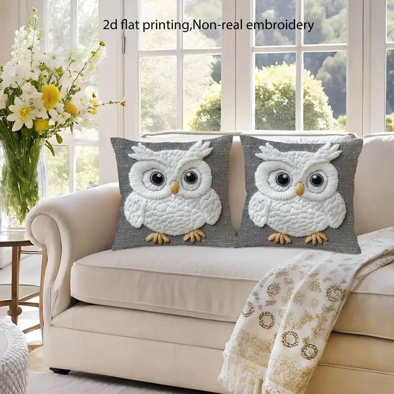 Decorative Owl Throw Pillow Cover, 2D Printed Design on Gray, White Non-Embroidered Pattern, Set of 2，18x18 Pillows Linen Pillowcase - Image 2