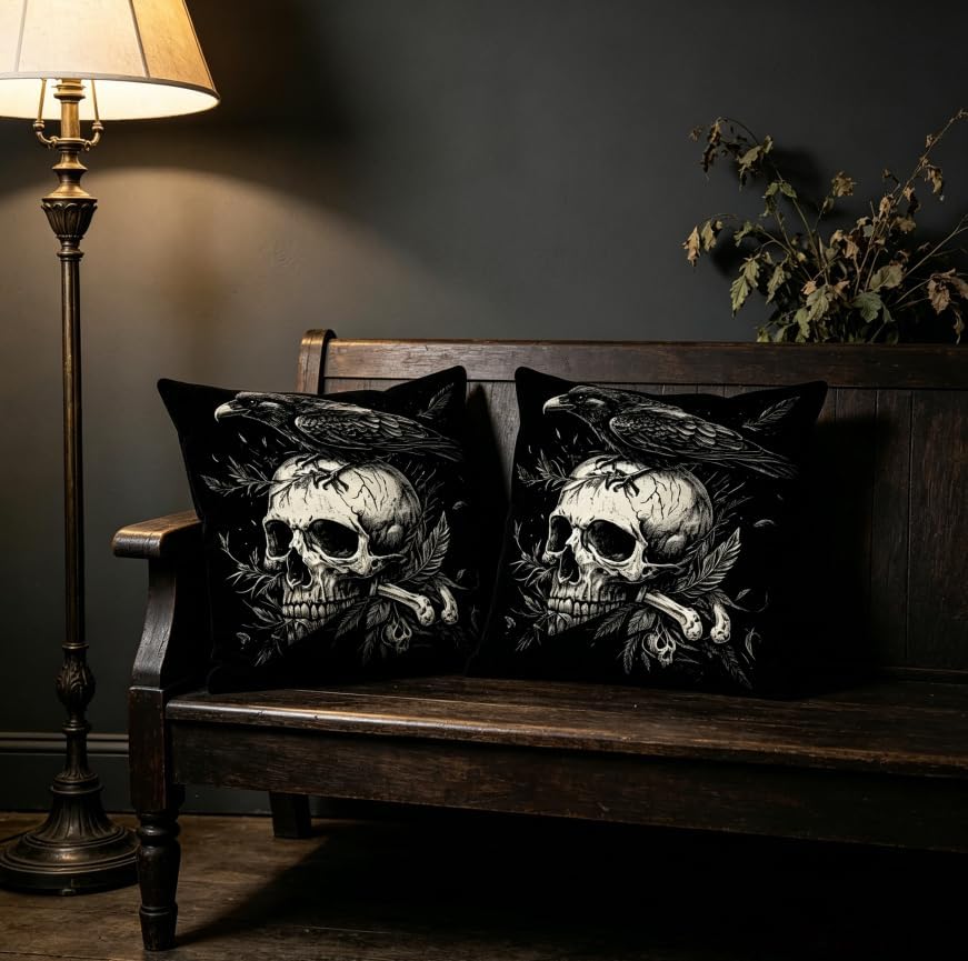 Gothic Skull Raven Throw Pillow Covers, Black, Linen, 18x18 Inch, Set of 2, Square, Machine Washable,Halloween Decorations - Image 5