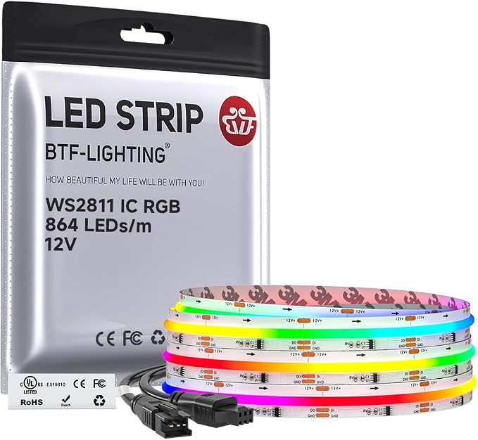 BTF-LIGHTING RGB WS2811 Smart IC FCOB COB LED Strip, UL Listed 864LEDs/m High Density Color Chasing Uniform Light, DC12V 9.8FT 12mm Width Tape Light for Home Party DIY Decor(No Adapter or Controller) by BTF-LIGHTING