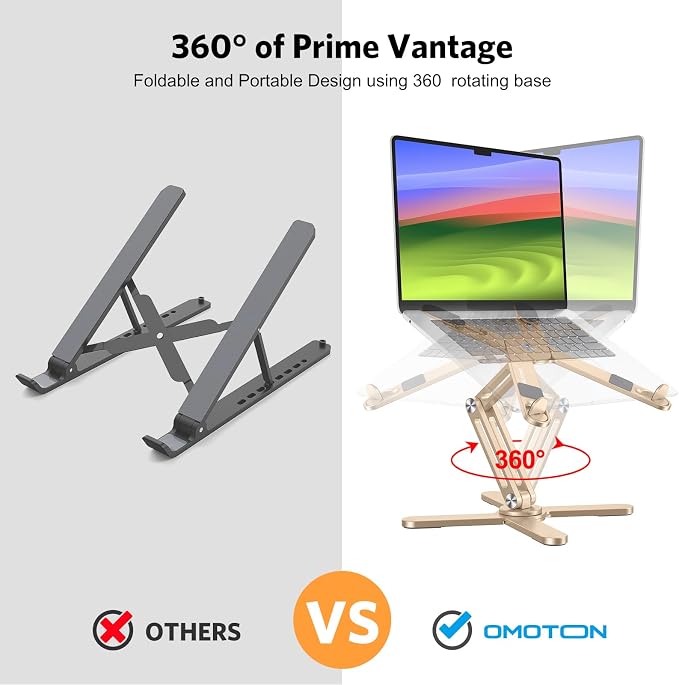 OMOTON LA10 360° Rotating Laptop Stand Riser Foldable for Desk, Gold | Aluminium Aolly, Tool-free Adjustable Height Angles, Collaborative Work, Easy Storage, Fits 11"-17" MacBook Pro/Air, Dell, HP - Image 2