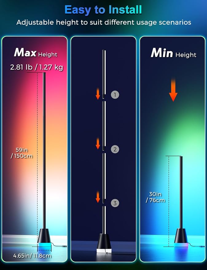 RGB Corner Floor Lamp, Smart Modern LED Mood Light, Glossy Black - Image 7
