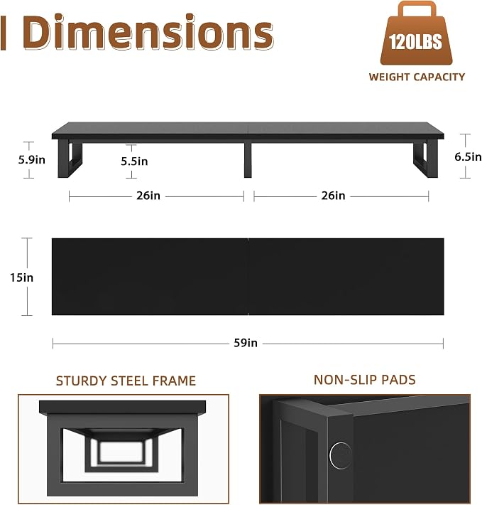YAOHUOO 59" Large TV Riser for 32-75 inch TV, TV Riser Stand Shelf,Black | Steel Legs,Tabletop TV Stand Riser for Home Office,Fit TV/Monitor/Laptop/Soundbar,6.5"Height,Holds up to 120lbs - Image 7