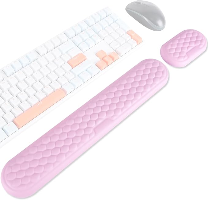 Wrist Rest for Keyboard and Mouse, Ergonomic Memory Foam Keyboard Set with Non-Slip Base, Soft Arm Cushion & Palm Support for Office, Home, Gaming & Laptop Typing, Reduces Fatigue & Strain, Pink by LLCJYYCY