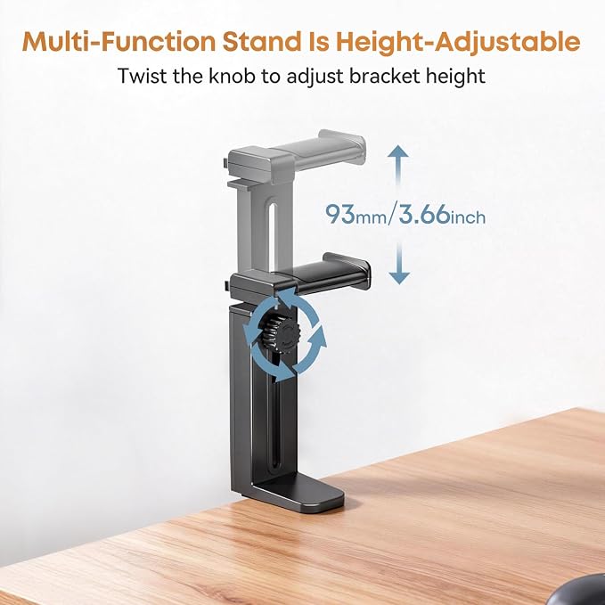 Headphone Stand & Hanger for Desk, 2 in 1 Above & Under Desk Gaming Headset Holder Mount with Height Adjustable & Rotating Clamp, Dual-sided Anti-slip Pad Earphone Rack with Clamp Headset Stand - Image 3