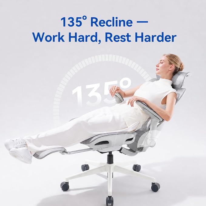 SIHOO B300 PRO Ergonomic Office Chair with Footrest, Mesh Desk Chair, White | 4-Directional Lumbar & Height-Adjustable Backrest, 6D Armrests, Swivel Computer Chair for Long Hours - Image 3