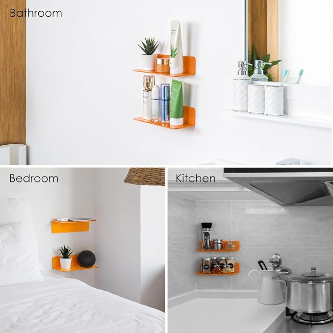 OAPRIRE Small Acrylic Floating Wall Shelves Set of 2, Flexible Use of Wall Space, 9 Inch Adhesive Display Shelf for Security Cameras/Smart Speaker/Action Figures, with Cable Clips - Clear Orange - Image 4
