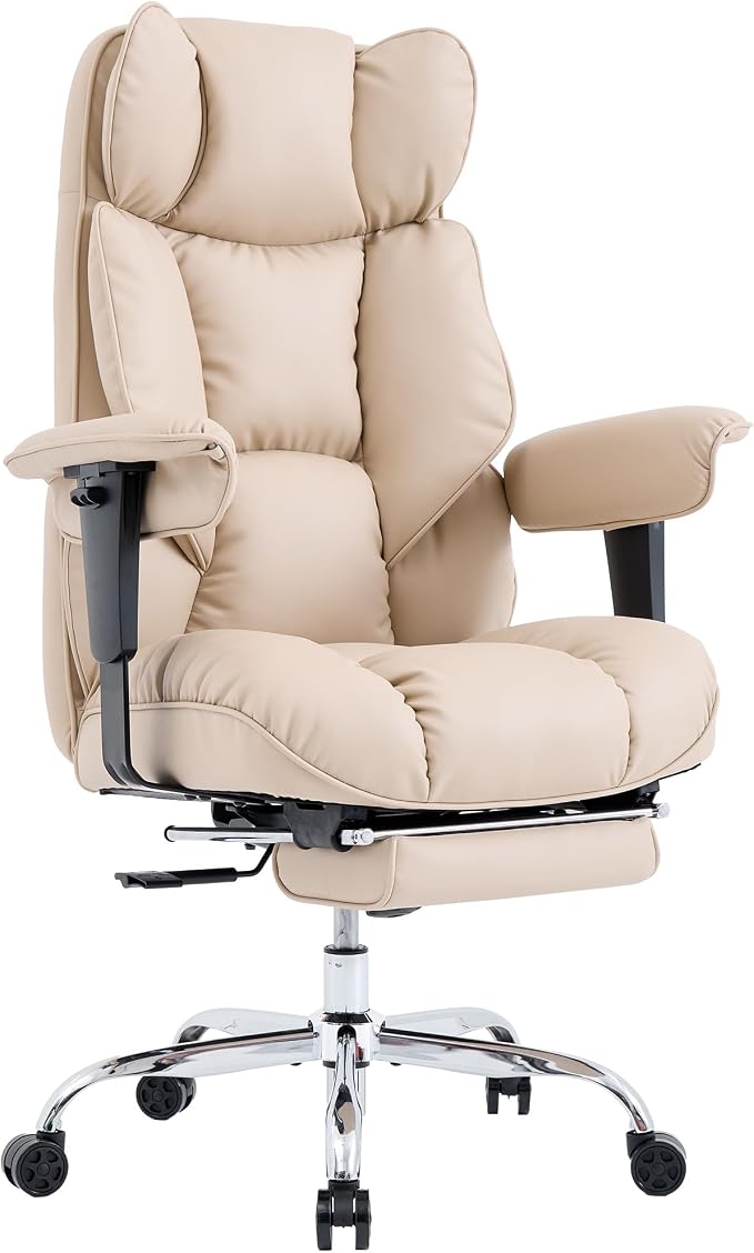 Efomao Executive Office Chair 400lbs,Beige Big and Tall Desk Chair | Mattress-grade pocket spring cushion, sleek leather, 135° recline & footrest for computer gaming setup. by OFFICECHAIR