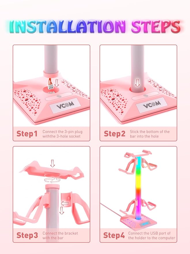 VCOM RGB Gaming Headphones Stand with 2 USB Ports, Pink Headset Stand with 10 Light Modes and Non-Slip Rubber, Suitable for PC Desk Accessories Gamers Gift(Pink) - Image 4