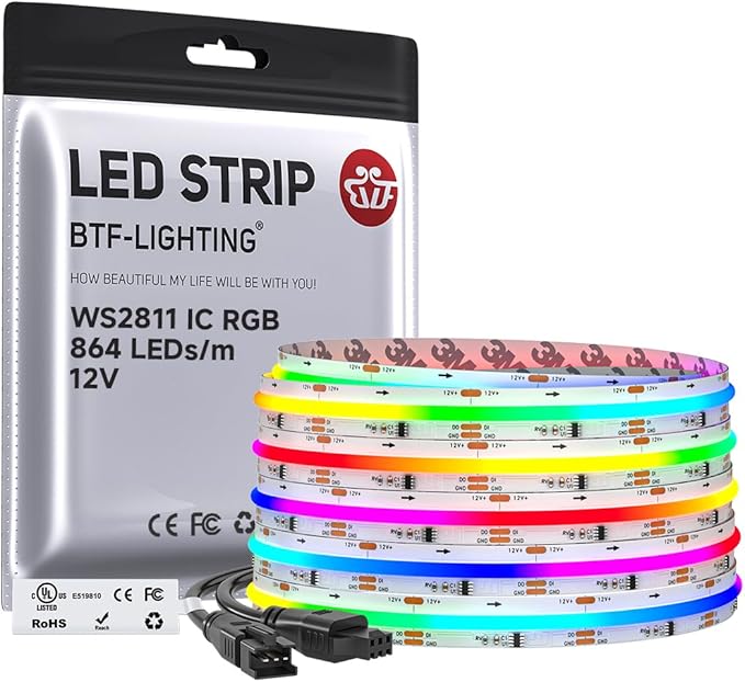 BTF-LIGHTING RGB WS2811 Smart IC FCOB COB LED Strip, UL Listed 864LEDs/m High Density Color Chasing Uniform Light, DC12V 16.4FT 12mm Width Tape Light for Home Party DIY Decor(No Adapter or Controller) by BTF-LIGHTING