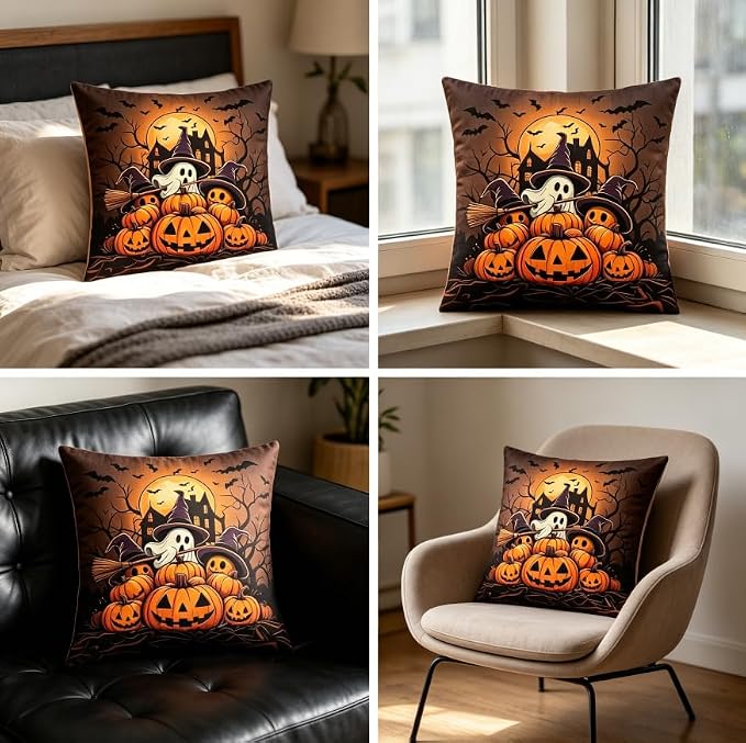 Halloween Throw Pillow Covers, Linen, 18x18 Inch, Set of 2, Ghost Pumpkin and Bat Design, Machine Washable - Image 6