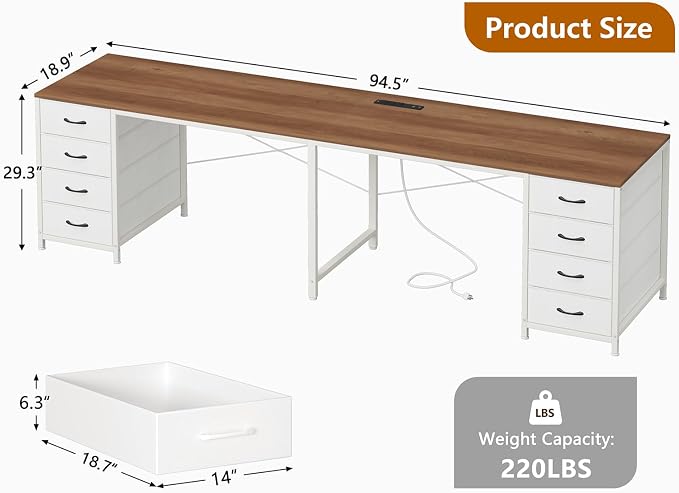 95" 2 Person Desk with 8 Fabric Drawers for Home Office, Living Room - Image 2