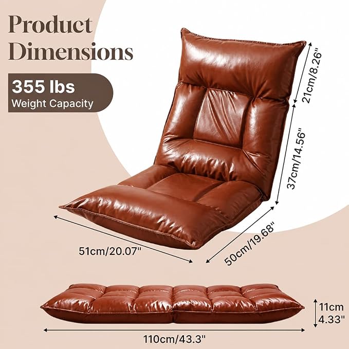 Floor Chair with Back Support, 42-Position Adjustable Gaming Chair for Adults, Faux Leather Floor Lounger, Reading Chairs with Neck Support, Foldable Floor Seat for Sleeping, Gaming (Brown) - Image 2