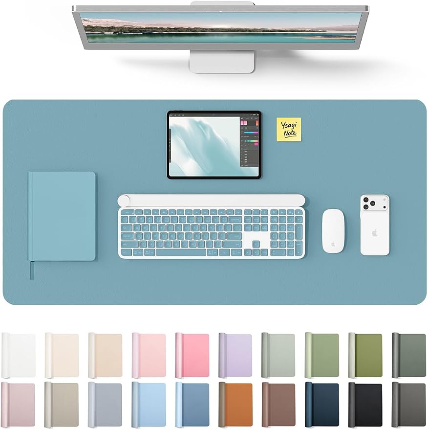 YSAGi Leather Desk Pad Protector, Office Desk Mat, Large Mouse Pad, Non-Slip PU Leather Desk Blotter, Laptop Desk Pad, Waterproof Desk Writing Pad for Office and Home (Aquamarine, 35.4" x 17") by YSAGi