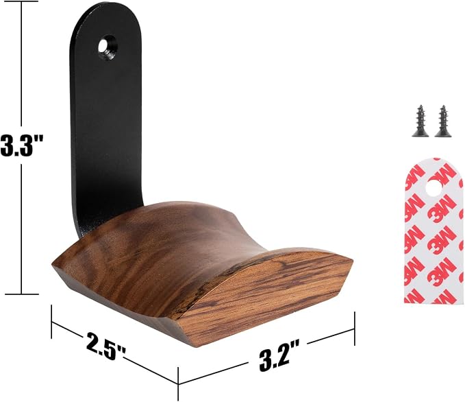 Walnut Wood Headphone Wall Mount, Wide Curved Headband Support (2 Pack) | Elegant Headphone Display, Protects Headbands from Creases, Aluminum Bracket, Adhesive or Screw Mount, Fits Gaming Headsets - Image 6