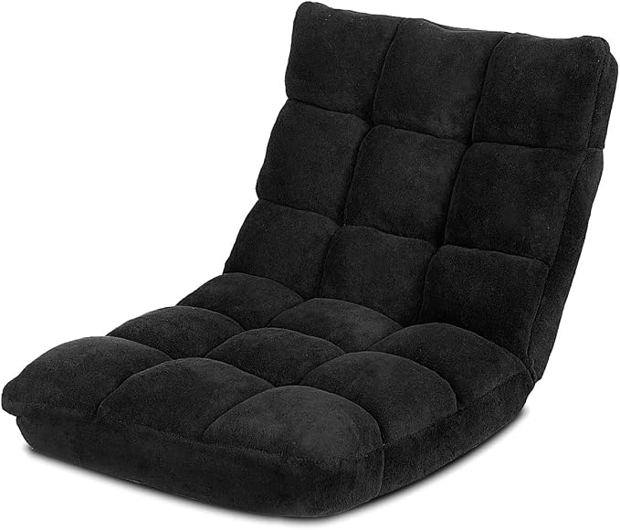 GIANTEX Floor Chairs for Adults, Floor Gaming Chair w/Back Support (Black) | Coral Velvet, 14 Adjustable Position, Thick Sponge Padding, Floor Seating Lounge for Reading, Watching TV, Meditation by Giantex