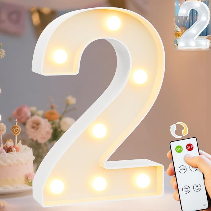 Pooqla LED Light Up Numbers, Marquee Number with Remote for 2nd Birthday Decoration, Lighted Numbers Gift for Boys Girls Party Backdrop Wedding Anniversary Decor, Warm White and Cool White Number 2 by Pooqla