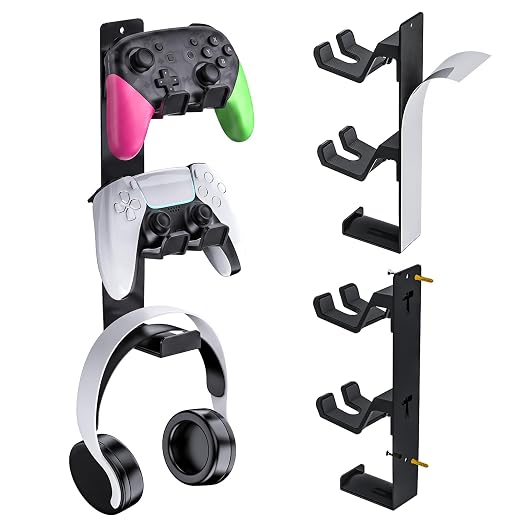 ZYTHRONE Dual Controller Holder Wall Mount, Metal Headset Stand for PS5, PS4, with Adhesive or Screws, Strong Adhesive by Screws, Black by ZYTHRONE