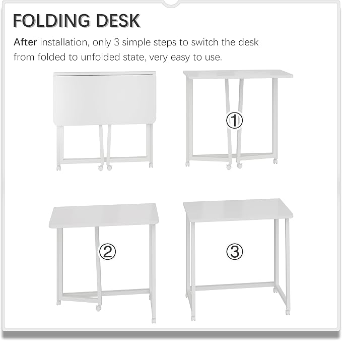 4NM 23.6" Mobile Small Folding Desk, Foldable Rolling Computer Home Office Desk, Study Writing Table for Small Space Saving Bedroom, with Wheels - All White - Image 6