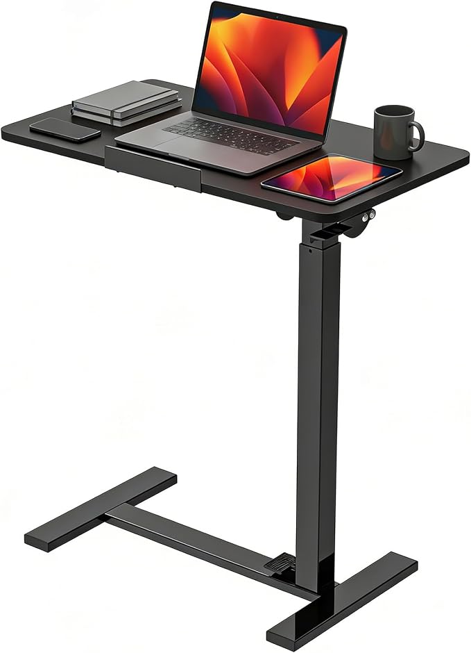 Adjustable Overbed Bedside Table with Hidden Wheels, Mobile Standing Desk with Pneumatic Lift, Portable Computer Workstation Cart for Bed, Couch, Office, Sofa, Black - Image 8