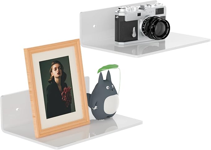 Sezanrpt 9 Inches Acrylic Wall Shelves 2 Pack, Floating Shelf for Wall Mounting, Acrylic Display Ledges for Funko Pop Figures, Home Décor, Living Room, Gaming Room, Plants(9 inch, White) by Sezanrpt