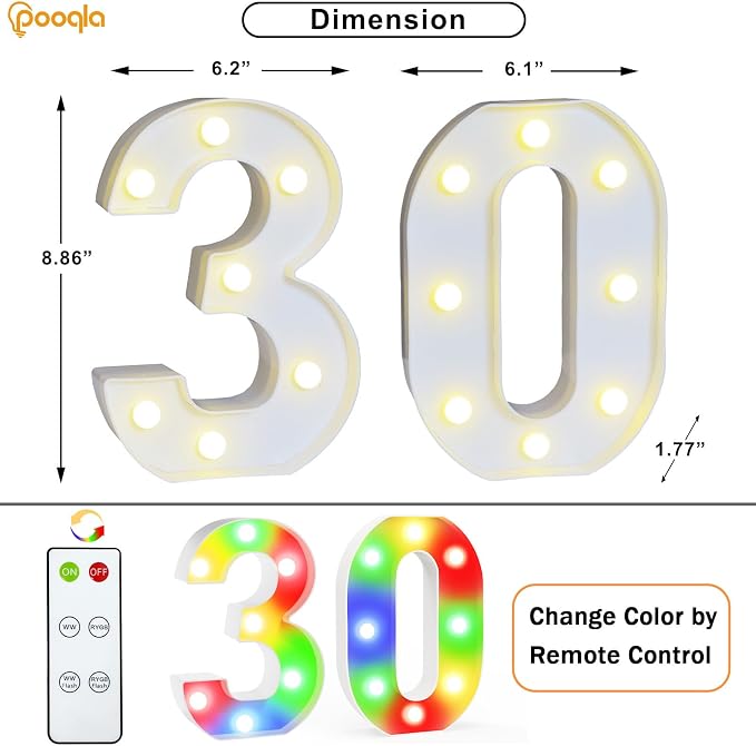 Pooqla 30th Birthday Decoration for Her Him, Decorative LED Light Up Numbers, Marquee Numbers 30 Sign for Party Backdrop 30th Wedding Anniversary Decor Gift, Warm White and Colorful Number 30 - Image 3