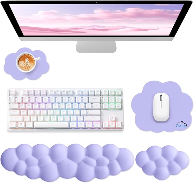 Sushret Cloud Wrist Rest for Computer Keyboard and Mouse Pad Set, Purple | Memory Foam, Leather, 4-in-1 Cloud Keyboard Wrist Rest Set with Ergonomic Support for Arm and Palm Cushion, Gaming/Work Setup by Sushret