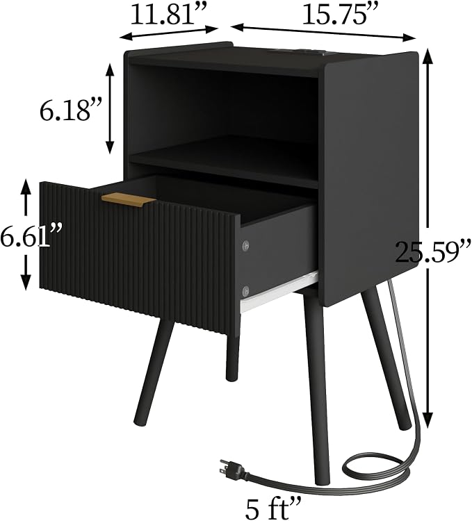 Veegle Nightstand,Modern Bedside Table with Storage Drawer and Open Wood Shelf, Accent Night Stand with Solid Wood Legs for Living Room, Bedroom and Small Spaces,Easy Assembly (Black-Outlet) - Image 2