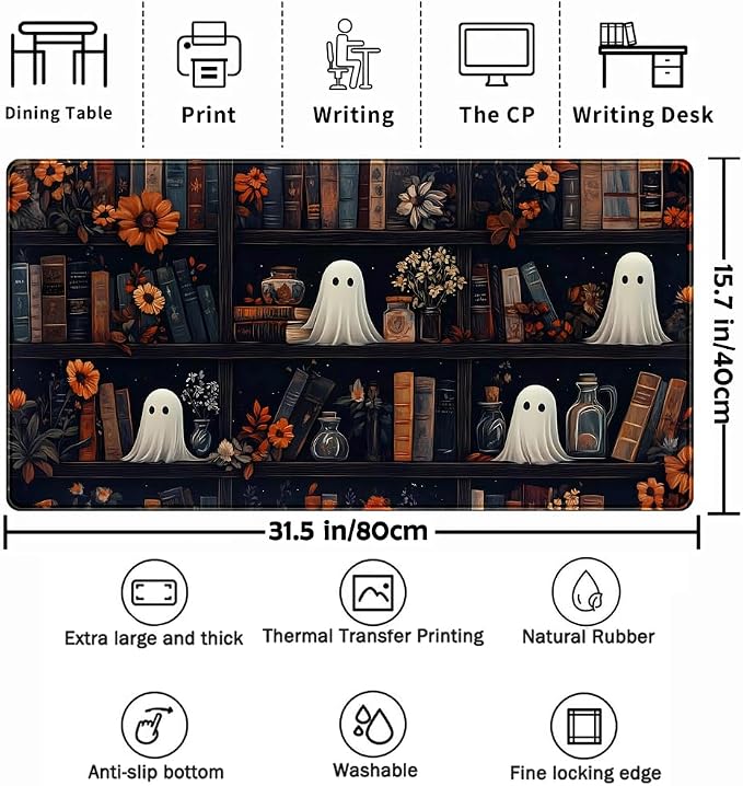 Cute Ghost Desk Mat Dark Vintage Large Mouse Pad Gaming Black Mouse Pad XXL Large Gaming Mousepad Desk Mat for Desktop Office Computer Laptop Keyboard and Mouse Mat - 31.5 X 15.7 in Desktop Protector - Image 3
