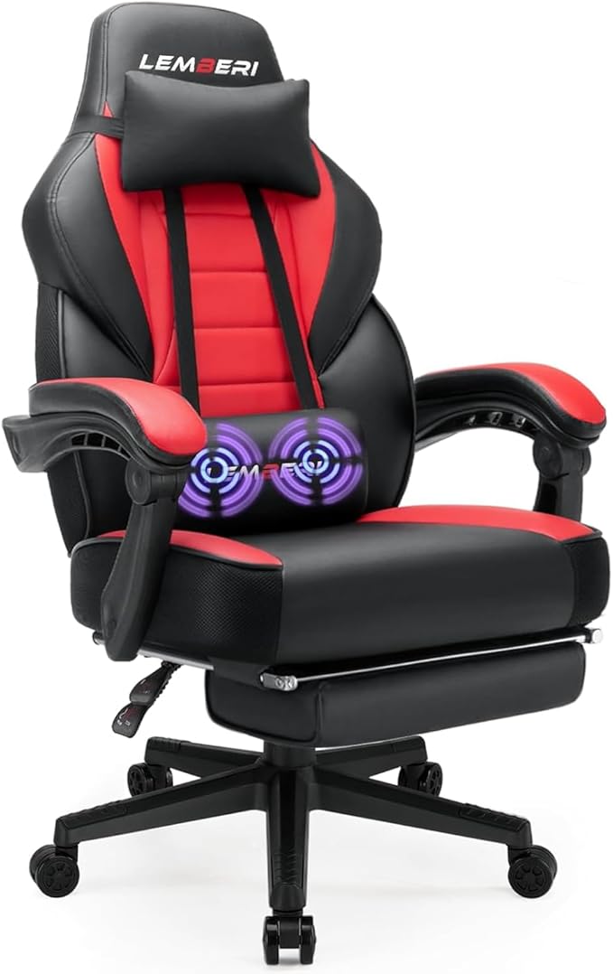 LEMBERI Big and Tall Gaming Chair, 400lb Capacity, Red | Heavy-duty steel frame, wide seat & high back, PU leather, reinforced footrest, linkage armrests for PC desk & office by LEMBERIHOME