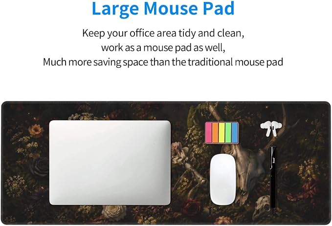 Dark Floral Skull Large Mouse Pad Desk Mat Non Slip Rubber Base Stitched Edges Office Gaming - Image 7