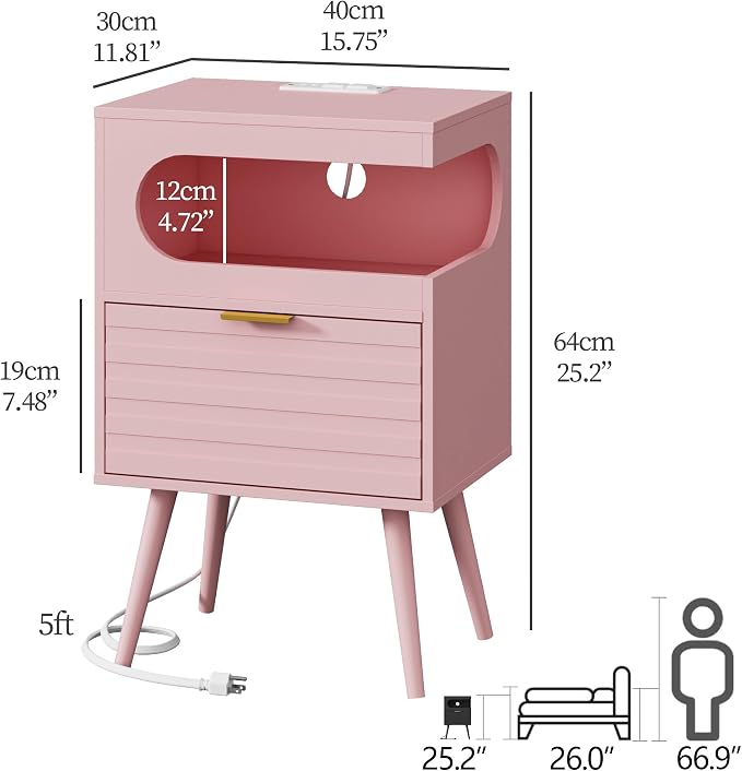 Veegle Nightstand,Modern Bedside Table with Storage Drawer and Open Wood Shelf, Accent Night Stand with Solid Wood Legs for Living Room, Bedroom and Small Spaces,Easy Assembly (Pink-1) - Image 2
