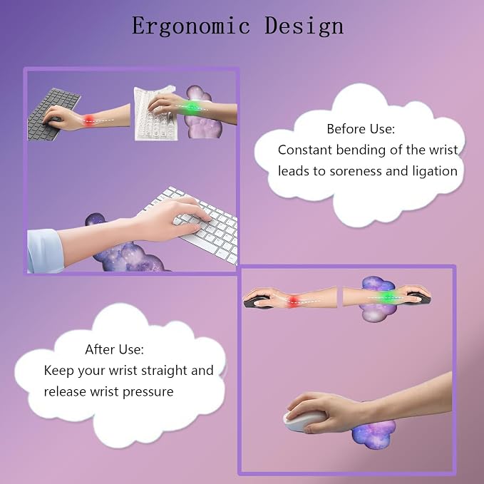 Cloud Wrist Rest Keyboard Purple Cloud Mouse Pad Set 4PCS Galaxy Large Desk Mat Ergonomic Space Wrist Pad Support Memory Foam Non-Slip Wrist Rest for Keyboard and Mouse Computer Gaming Home Office - Image 5