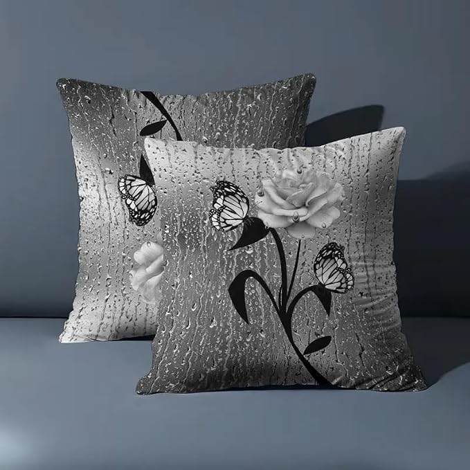 2pcs Elegant Decorative Throw Pillow Cover with Butterfly and Rose Design, Black and White Raindrop Pattern, Square Shape，18x18 Pillows Linen Pillowcase by Unknown