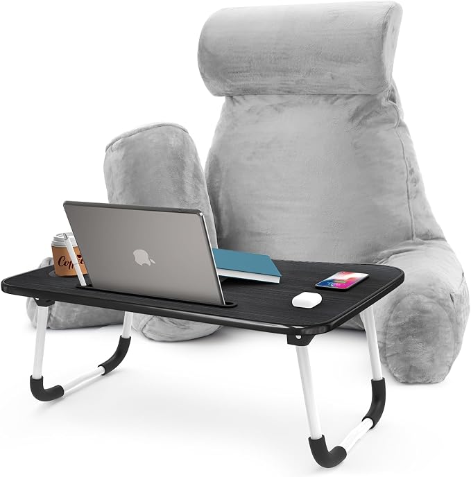 Nestl Reading Pillow with Portable Laptop Lap Desk - Shredded Memory Foam Back Support Pillow for Sitting Up in Bed and Couch Rest Pillows with Arms, Bed Tray Table with Foldable Legs, Light Grey by Nestl