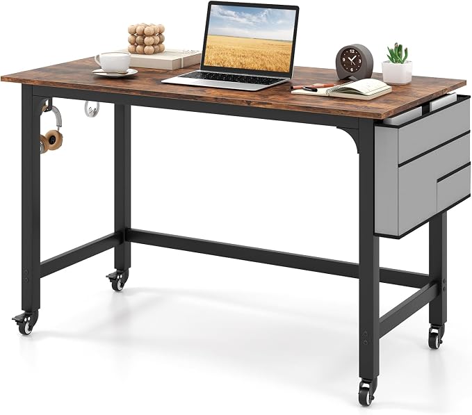 COSTWAY 48” Mobile Computer Desk, Home Office Desk on Wheels, with Reversible Storage Bag & 2 Earphone Hooks, 4 Lockable Wheels, Metal Frame, for Small Space (Black + Rustic Brown) by COSTWAY