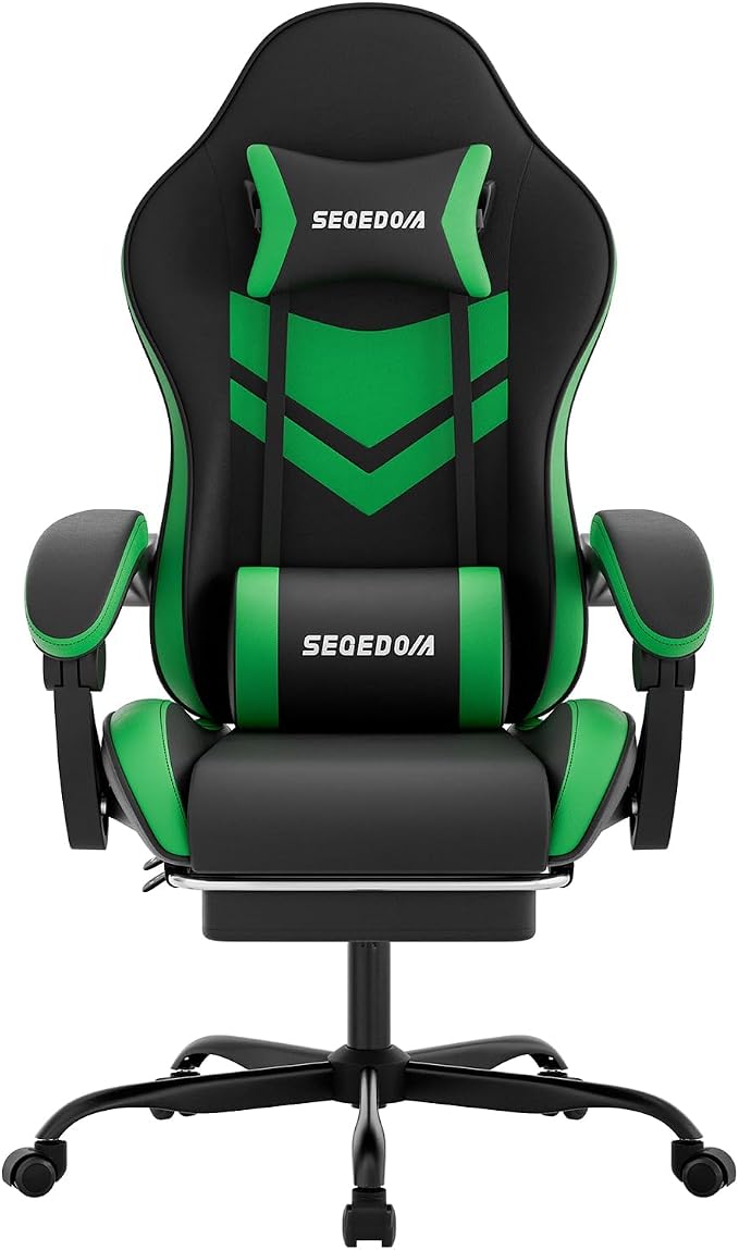 Gaming Chair with Footrest & Massage Lumbar Support, PU Leather Ergonomic High Back Swivel Height Adjustable Chair for Adults, Office Gaming, 300 lbs (Black Green) by SEGEDOM