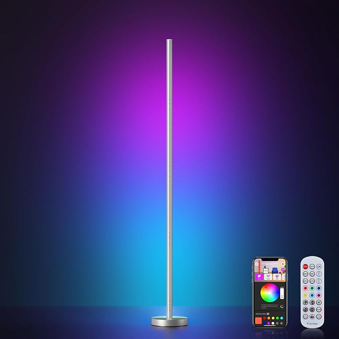 OIYN Smart RGBICW LED Corner Floor Lamp - 16 Million DIY Colors, 68+ Scenes, Music Sync, App & Remote Control, Color-Changing Ambient Lighting for Living Rooms, Bedrooms, and Gaming Rooms, Silver by ShineYourWolrd
