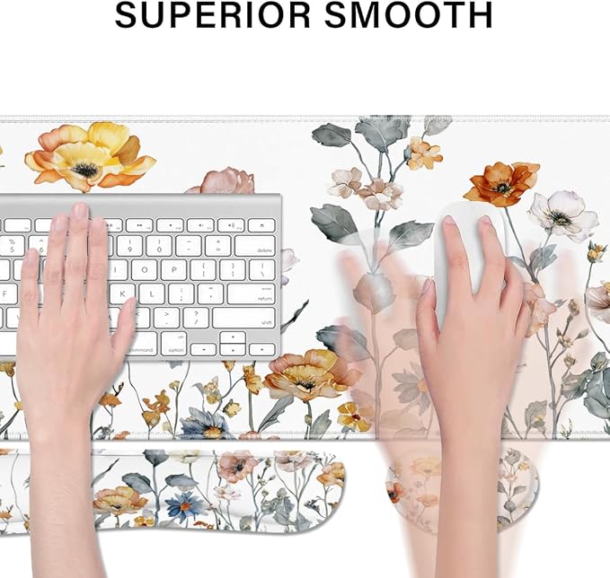Desk Pad and Keyboard Wrist Rest, Large Mouse Pad + Keyboard Pad+Mouse Wrist Support, Non-Slip Desk Mat Protector for Office, Home 31.5×11.8 Inches Cute Floral - Image 2