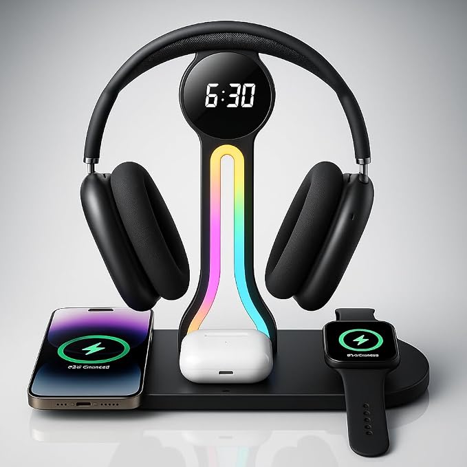 Transform Your Desk – 3-in-1 Wireless Charging Station with Headphone Stand, Dual USB Ports, 15W Fast Charger for Phone/A-irPods/A-pple Watch, RGB Light, LED Alarm Clock – Charge 5 Devices at Once - Image 8