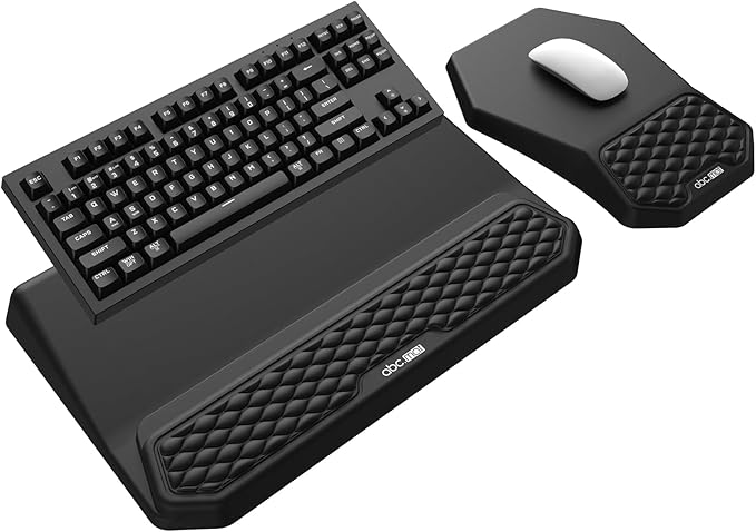 3-in-1 Ergonomic Keyboard Stand with Wrist Rest & Mouse Pad Set, Black | Comfy Keyboard Riser Holder Soft Mousepad with Massage Design, Memory Foam and Non-Slip PU Base for Pain Relief by abcmat